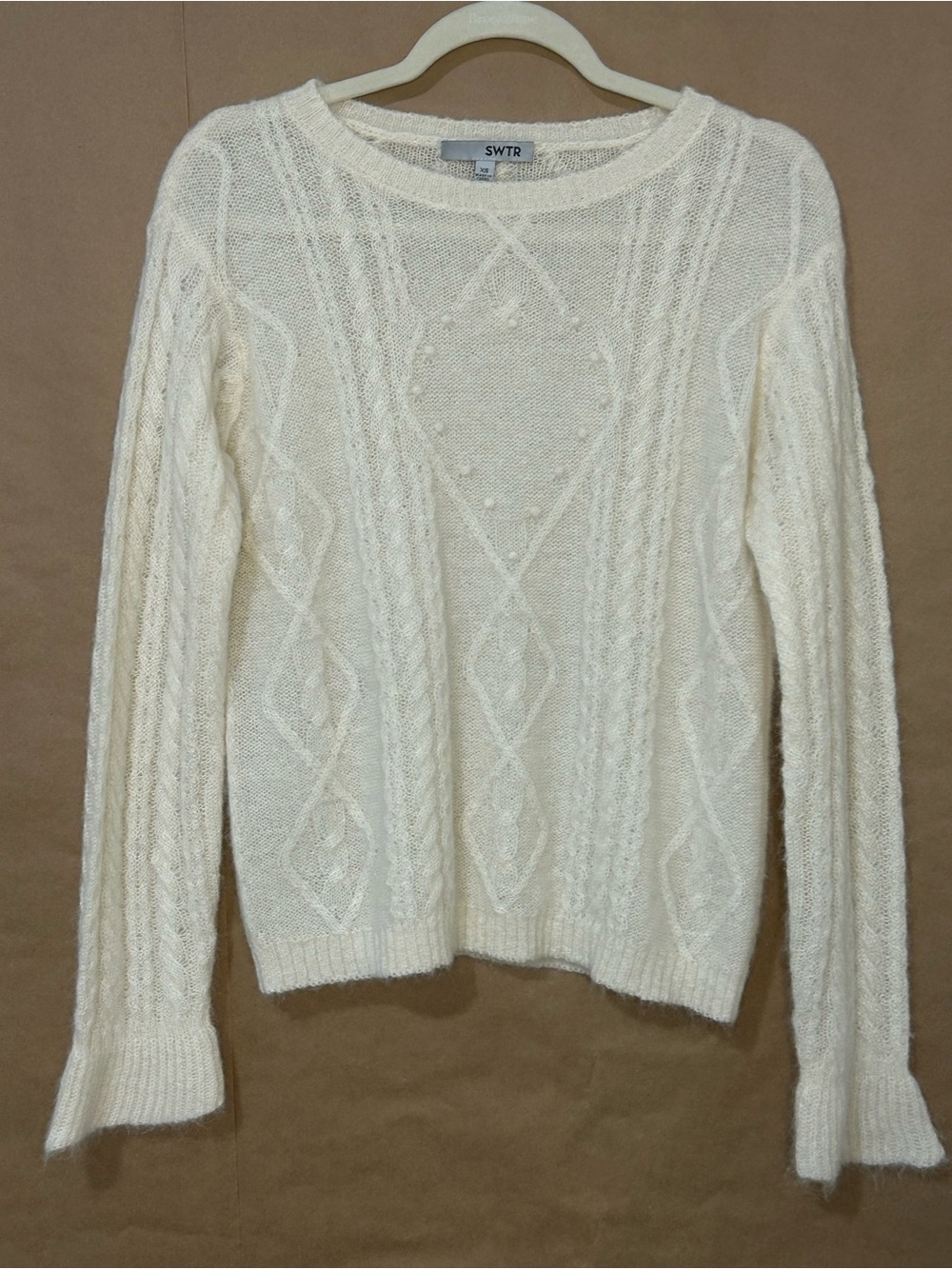 SWTR Alpaca Blend Cable Knit Sweater XS Ivory Cream Bell Sleeve